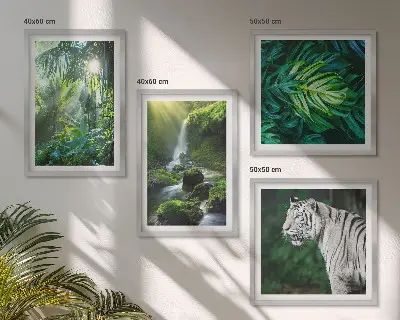 Dekorációs képkészlet dzsungel, fehér tigris és vízesés mintával nappaliba
