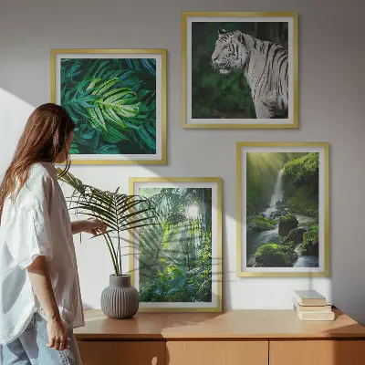 Dekorációs képkészlet dzsungel, fehér tigris és vízesés mintával nappaliba