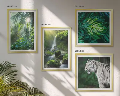 Dekorációs képkészlet dzsungel, fehér tigris és vízesés mintával nappaliba