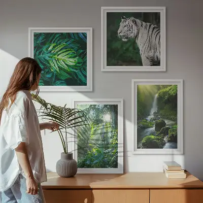 Dekorációs képkészlet dzsungel, fehér tigris és vízesés mintával nappaliba