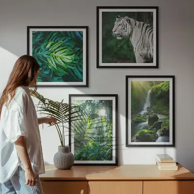 Dekorációs képkészlet dzsungel, fehér tigris és vízesés mintával nappaliba