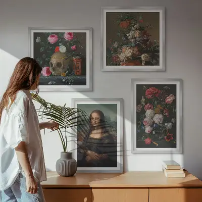 Vintage virágok koponya Mona Lisa keretezett poliptichon