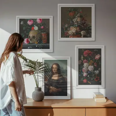 Vintage virágok koponya Mona Lisa keretezett poliptichon