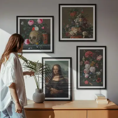 Vintage virágok koponya Mona Lisa keretezett poliptichon