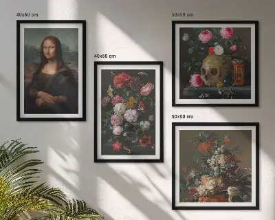 Vintage virágok koponya Mona Lisa keretezett poliptichon