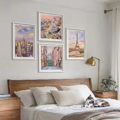 Keretezett poliptichon New York, Párizs, Oia és Varsó alkonyat mintával