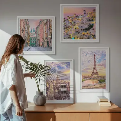Keretezett poliptichon New York, Párizs, Oia és Varsó alkonyat mintával