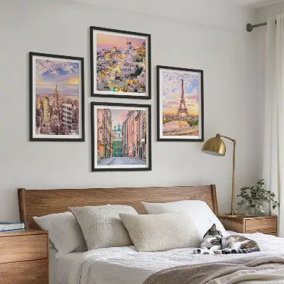 Keretezett poliptichon New York, Párizs, Oia és Varsó alkonyat mintával