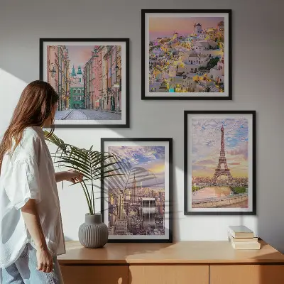 Keretezett poliptichon New York, Párizs, Oia és Varsó alkonyat mintával