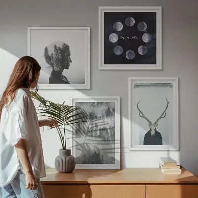 Keretezett poliptichon erdő, köd, hold, koponya és nő mintás