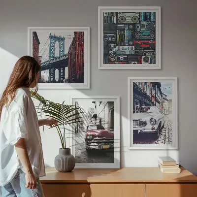 Régi autók Brooklyn retró vászonkép keretezett poliptichon változatban