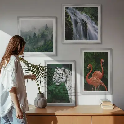 Tigris, vízesés és flamingók természet témájú falikép keretezett poliptichon