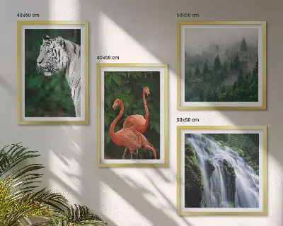 Tigris, vízesés és flamingók természet témájú falikép keretezett poliptichon