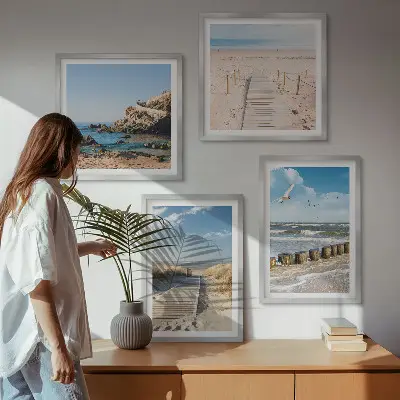 Keretezett poliptichon strand, homok, hullámok, ég és madarak mintával