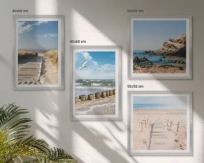 Keretezett poliptichon strand, homok, hullámok, ég és madarak mintával
