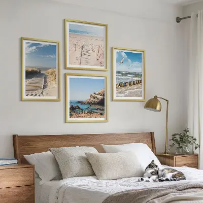 Keretezett poliptichon strand, homok, hullámok, ég és madarak mintával