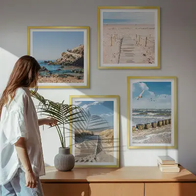 Keretezett poliptichon strand, homok, hullámok, ég és madarak mintával