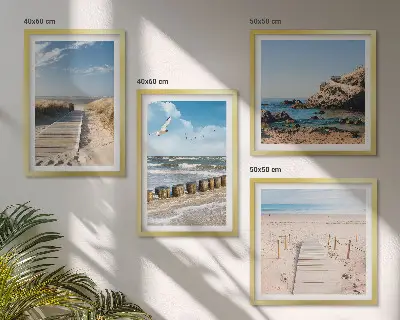 Keretezett poliptichon strand, homok, hullámok, ég és madarak mintával