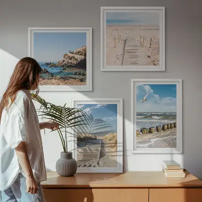 Keretezett poliptichon strand, homok, hullámok, ég és madarak mintával