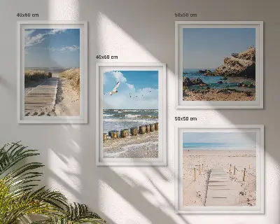 Keretezett poliptichon strand, homok, hullámok, ég és madarak mintával