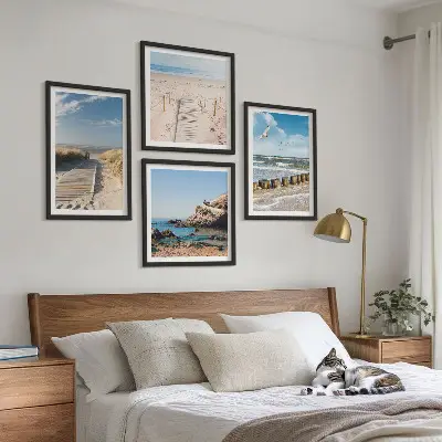 Keretezett poliptichon strand, homok, hullámok, ég és madarak mintával