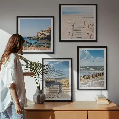 Keretezett poliptichon strand, homok, hullámok, ég és madarak mintával