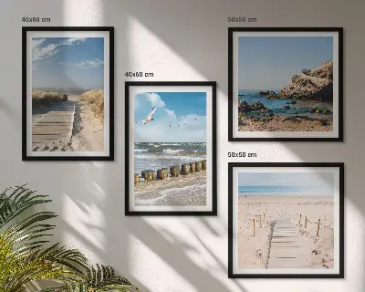 Keretezett poliptichon strand, homok, hullámok, ég és madarak mintával