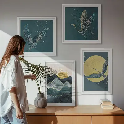 Dekorációs képkészlet nappaliba madaras, darus, holdas és hegyvidékes mintával