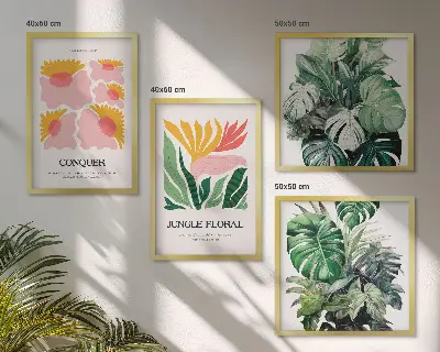 Modern virágos és leveles mintájú képsorozat keretezett poliptichon