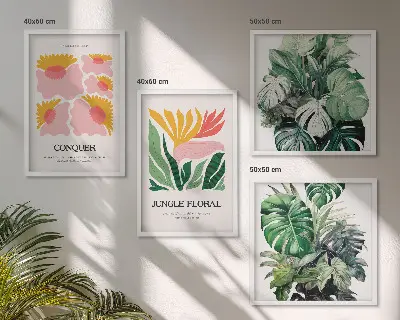 Modern virágos és leveles mintájú képsorozat keretezett poliptichon