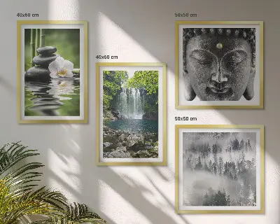 Keretezett poliptichon a természet harmóniája kövekkel, vízzel és Buddhával
