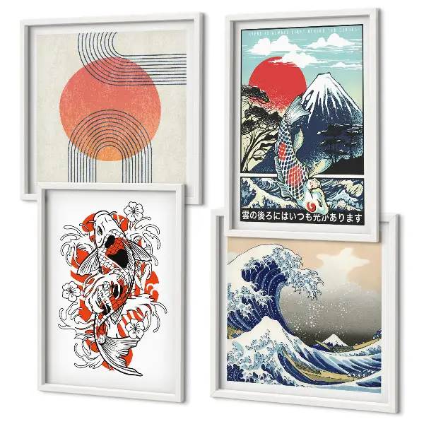 Keretezett poliptichon japán hullámok és halak illusztrációval