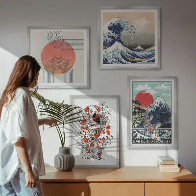 Keretezett poliptichon japán hullámok és halak illusztrációval