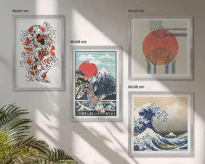 Keretezett poliptichon japán hullámok és halak illusztrációval
