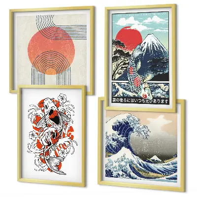 Keretezett poliptichon japán hullámok és halak illusztrációval