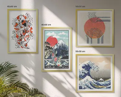 Keretezett poliptichon japán hullámok és halak illusztrációval