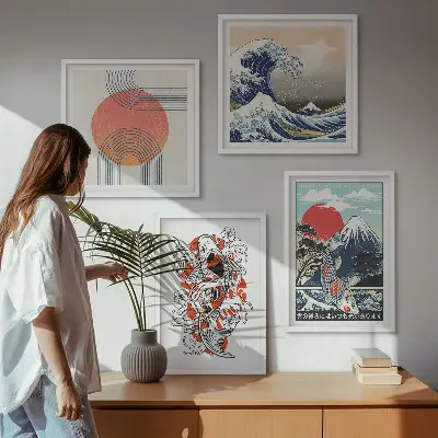 Keretezett poliptichon japán hullámok és halak illusztrációval