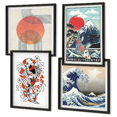 Keretezett poliptichon japán hullámok és halak illusztrációval