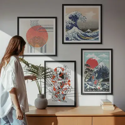 Keretezett poliptichon japán hullámok és halak illusztrációval
