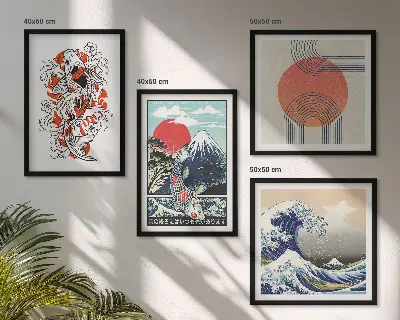 Keretezett poliptichon japán hullámok és halak illusztrációval