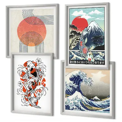 Keretezett poliptichon japán hullámok és halak illusztrációval