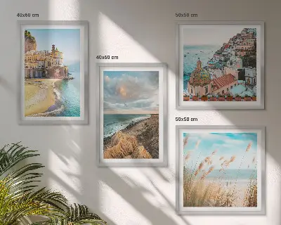 Keretezett poliptichon tájak, strand, város és sziklák mintával