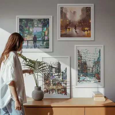 Dekorációs képkészlet nappaliba modern színes városok karakterekkel mintával