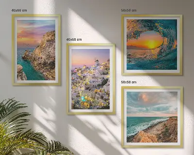 Keretezett poliptichon tengeri hullámok és fehér házak Santorini látképével