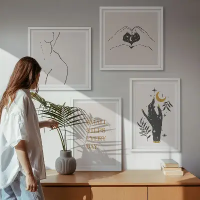 Minimalista bohém illusztrációs falikép szett keretezett poliptichon kivitelben