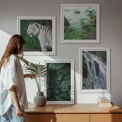 Fehér tigris és vízesés levelei keretezett poliptichon