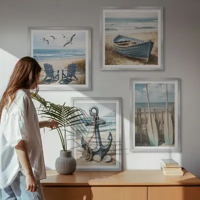 Horgonycsónak evezőkkel a strandon keretezett poliptichon