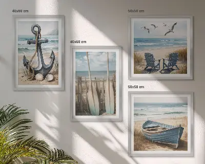 Horgonycsónak evezőkkel a strandon keretezett poliptichon