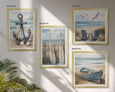 Horgonycsónak evezőkkel a strandon keretezett poliptichon
