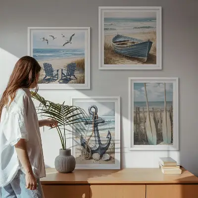 Horgonycsónak evezőkkel a strandon keretezett poliptichon